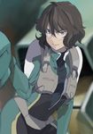  1girl brown_hair glasses gundam gundam_00 pilot_suit shirin_bakhtiar solo 