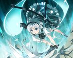  black_hairband blue_eyes bow dress dual_wielding flower ghost hair_bow hairband hitodama holding katana konpaku_youmu konpaku_youmu_(ghost) satomi scabbard sheath silver_hair slashing solo sword touhou weapon white_hair 