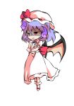  1girl bangs bat_wings black_eyes bow chibi collar collared_dress dairi dress eyebrows_visible_through_hair full_body ghost hair_between_eyes hands_up hat hat_ribbon looking_to_the_side mob_cap no_shoes open_mouth pink_eyes puffy_short_sleeves puffy_sleeves purple_hair red_bow red_ribbon remilia_scarlet ribbon shaded_face short_hair short_sleeves simple_background smile smug socks solo standing tachi-e touhou transparent_background white_dress white_headwear white_legwear white_sleeves wings wrist_cuffs 