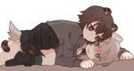  2girls animal_ears ankle_boots arms_up bangs black_footwear black_legwear black_skirt blue_eyes boots bright_pupils brown_eyes brown_hair closed_mouth dog_ears dog_tail dress_shirt frown fud girls_und_panzer gloom_(expression) grey_shirt hug hug_from_behind itsumi_erika kuromorimine_school_uniform light_frown long_hair long_sleeves lying miniskirt multiple_girls nishizumi_maho on_person on_stomach parted_bangs pleated_skirt school_uniform shirt short_hair silver_hair skirt socks straddling tail tail_wrap white_pupils yuri 