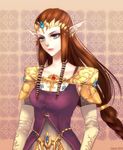  armor bad_id bad_pixiv_id blue_eyes braid breasts brown_hair circlet cleavage dress earrings jewelry leirix lips long_hair medium_breasts pointy_ears princess_zelda shoulder_pads solo the_legend_of_zelda the_legend_of_zelda:_twilight_princess 