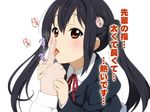  black_hair blazer blush brown_eyes finger_licking fingers jacket k-on! karada_asobi licking long_hair nakano_azusa ribbon saliva school_uniform sexually_suggestive simple_background solo tongue translation_request twintails 