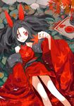  afloat autumn black_hair detached_sleeves heterochromia highres lamian_(pixiv415608) leaf maple_leaf mismatched_sclera original red_eyes red_sclera solo water white_eyes 
