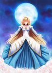  archetype_earth arcueid_brunestud bad_id bad_pixiv_id bare_shoulders blonde_hair breasts cleavage detached_sleeves dress full_moon long_hair medium_breasts moon night night_sky outstretched_hand red_eyes sky solo strapless strapless_dress tsukihime tsukikanade very_long_hair 