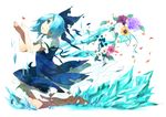  bad_id bad_pixiv_id bare_legs barefoot blue_eyes blue_hair bow cirno dress flower full_body hair_bow hirasaka_ine ice kneeling open_hands petals short_hair simple_background solo torn_clothes touhou wings 
