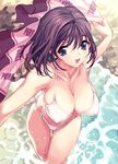  beach bikini blue_eyes breasts cleavage covered_nipples day from_above konsu_konsuke large_breasts original outdoors outstretched_arms purple_hair short_hair side-tie_bikini solo splashing spread_arms swimsuit thigh_gap towel water wet white_bikini 