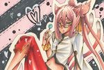  animal_ears arc_system_works blazblue bracelet candy cat_ears cat_tail female fujikawa_yuuki glasses jewelry kokonoe labcoat lollipop long_hair midriff multiple_tails orange_eyes orange_ribbon pants pink_hair ponytail ribbon sitting solo tail 