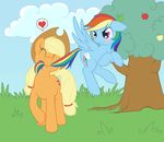  apple applejack_(mlp) blonde_hair blue_fur blue_sky blush cowboy_hat cute cutie_mark duo equine eyes_closed female feral freckles friendship_is_magic fruit fur grab grass hair hat horse mammal multi-colored_hair my_little_pony nom pegasus pony rainbow_dash_(mlp) rainbow_hair rainbow_tail tail tenchisamoshi tree wings wood 