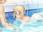  ahoge bikini blonde blush emiya_shirou fate/hollow_ataraxia fate/stay_night game_cg green_eyes mizugi oshiri pool ribbon saber surprised swimming takeuchi_takashi 