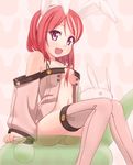  :d animal_ears bad_id bad_pixiv_id bare_shoulders breasts bunny_ears center_opening fake_animal_ears medium_breasts navel no_bra no_pants open_clothes open_mouth original panties purple_eyes red_hair sawada_yuusuke sitting smile solo thighhighs underwear 