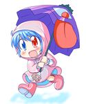  blue_dress blue_eyes blue_hair blush boots chibi dress geetsu geta heterochromia karakasa_obake long_tongue open_mouth purple_umbrella raincoat red_eyes rubber_boots running short_hair smile solo tatara_kogasa tongue tongue_out touhou umbrella 