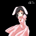  alphes_(style) animal_ears arms_behind_back bad_id bad_pixiv_id black_hair bunny_ears carrot carrot_necklace character_name dress inaba_tewi jewelry necklace parody pendant platinum_c simple_background smile solo style_parody touhou 