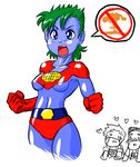  blue_eyes blue_skin captain_planet genderswap green_hair kwame open_mouth speech_bubble super_heroine wheeler 