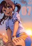  aoi_sora_(pairan) bad_id bad_pixiv_id brown_eyes brown_hair clothes_writing face hair_ornament hairclip looking_down open_mouth original pairan round_teeth shorts smile soccer_uniform solo sportswear sunset sweat teeth twintails 
