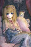  alice_margatroid blonde_hair blue_eyes blush bow capelet color_ink_(medium) couch curtains doll dress hair_bow hourai_doll indoors light_smile looking_at_viewer night peeking_out shanghai_doll short_hair sitting solo sugai tareme touhou traditional_media window 