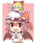  :3 :d bat_wings blonde_hair blue_hair blush_stickers bow chibi chibi_on_head fang hat kukku multiple_girls on_head open_mouth red_eyes remilia_scarlet shanghai_doll smile touhou waving wings |_| 