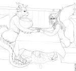  anthro big_breasts breasts clothed clothing cum cum_drip cum_on_ground dragon dripping duo eyewear female footwear fortunefox glasses greyscale hand_holding high_heels horn huge_breasts mammal monochrome nipple_outline platform_footwear platform_heels public rodent sciurid shoes smile thick_thighs tree_squirrel 