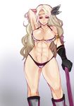  amazon_(dragon's_crown) armlet armor bikini_armor blonde_hair blue_eyes breasts circlet dragon's_crown feathers gloves large_breasts long_hair mamemix muscle solo 