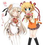  apron black_legwear blonde_hair bow buttons chopsticks closed_eyes duplicate food hat hizuki_yayoi kamikita_komari large_buttons little_busters! long_hair multiple_girls noumi_kudryavka pink_bow plaid plaid_skirt school_uniform short_hair silver_hair skirt socks thighhighs 