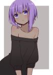  1girl alternate_costume bangs bare_shoulders black_sweater blush breasts closed_mouth collarbone eyebrows_visible_through_hair fate/prototype fate/prototype:_fragments_of_blue_and_silver fate_(series) grey_background hair_between_eyes hassan_of_serenity_(fate) head_tilt i.u.y long_sleeves off-shoulder_sweater off_shoulder puffy_long_sleeves puffy_sleeves purple_eyes purple_hair sidelocks small_breasts solo sweater two-tone_background white_background 