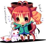  animal_ears biting blush boots bow cat_ears cat_tail chibi chocolat_(momoiro_piano) commentary_request food hair_bow kemonomimi_mode kyubey mahou_shoujo_madoka_magica open_mouth red_eyes red_hair sakura_kyouko shirt shorts tail tail_wagging translated 