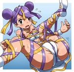  1girl bdsm blush bondage bound brown_eyes colosseum_leader helpless hun pokemon pokemon_battle_revolution purple_hair ribbon_(pokemon) sashay_(pokemon) spread_legs tangled tears tied tied_up 