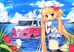  bad_id bad_pixiv_id bird blonde_hair blush bow cloud day flower food green_eyes ground_vehicle hair_bow hat hibiscus highres holding lighthouse long_hair looking_at_viewer motor_vehicle no_pants ocean original partially_submerged popsicle sailor_hat school_swimsuit school_uniform seagull serafuku sky solo swimsuit swimsuit_under_clothes twintails usagihime van water 