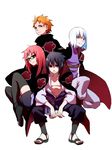  3boys akatsuki_(naruto) bangs black_hair black_legwear brown_eyes cloak fang full_body glasses highres hoozuki_suigetsu houzuki_suigetsu hozuki_suigetsu jugo juugo karin_(naruto) looking_at_viewer multiple_boys musco naruto naruto_shippuuden orange_hair purple_eyes red_eyes red_hair simple_background sitting smile thighhighs uchiha_sasuke white_background white_hair 