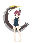  barefoot blade blush fukuoka_katsumi green_eyes hand_on_hip nan_(tales) one-piece_swimsuit one_side_up pigeon-toed school_swimsuit short_hair solo swimsuit tales_of_(series) tales_of_vesperia thigh_gap 