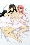  2girls adjusting_hair after_sex aftersex arm arms back-to-back back_to_back bare_shoulders barefoot bed bed_sheet black_hair blue_eyes blush breasts cleavage covering covering_breasts feet feet_touching female hair_ornament hair_ribbon headdress incest kimi_ga_aruji_de_shitsuji_ga_ore_de kuonji_shinra kuonji_yume legs long_hair lying multiple_girls naked_sheet nude nude_cover on_side pink_hair red_eyes ribbon siblings sisters under_covers very_long_hair yuri 