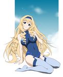  arm_support blonde blue_eyes breasts cecilia_alcott drill_hair hairband infinite_stratos large_breasts long_hair sabachiyo_land sky smile solo thighhighs 