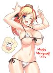  2009 aida_takanobu animal_print armpits bikini blonde_hair blue_eyes blush breasts chinese_zodiac cow cow_print freckles front-tie_top garrison_cap happy_new_year hat huge_breasts katharine_ohare long_hair micro_bikini navel new_year one_eye_closed open_mouth ponytail side-tie_bikini smile solo string_bikini swimsuit tight world_witches_series year_of_the_ox 