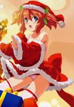  1girl absurdres blush bra christmas christmas_tree dengeki_hime female gift hat highres holly kurogane_no_tsubasa lingerie open_mouth panties pantsu red_hair santa_costume santa_hat shimapan shiny shiny_skin solo striped striped_panties thighhighs twintails underwear won won_(toufunokado) 