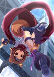  animal_ears arcana_heart brown_eyes brown_hair cameltoe dog_ears fingerless_gloves fishnet_legwear fishnets from_below gloves headband jumping kazumasa konoha_(arcana_heart) ninja scarf solo sweat tabi thighhighs 