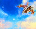  airplane cloud flying jet macross macross_frontier macross_frontier:_sayonara_no_tsubasa mecha no_humans official_art realistic sky sun tenjin_hidetaka translated variable_fighter yf-29 