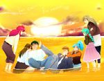  3boys 4girls barefoot black_hair blue_hair botan_(yu_yu_hakusho) botan_(yuu_yuu_hakusho) braid brother_and_sister brown_hair cigarette cloud clouds dress_shirt eyes_closed feet female green_hair grin happy jacket kurama kuwabara_kazuma kuwabara_shizuru long_hair male multiple_boys multiple_girls open_mouth orange_hair orange_shirt pants ponytail red_hair red_ribbon ribbon shirt short short_hair siblings single_braid sitting skirt smile sun sunset urameshi_yusuke water white_shirt yellow_shirt yomi-sama yu_yu_hakusho yukimura_keiko yukina_(yu_yu_hakusho) yuu_yuu_hakusho 