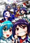  black_hair blue_eyes closed_eyes giorgio_claes gradient_hair hat heterochromia highres hijiri_byakuren houjuu_nue karakasa_obake kumoi_ichirin long_hair multicolored_hair multiple_girls murasa_minamitsu nazrin no_panties red_eyes sailor_hat scroll short_hair smile tatara_kogasa tongue toramaru_shou touhou umbrella undefined_fantastic_object wings 