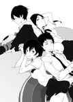  2girls bad_id bad_tumblr_id black_hair bow bowtie cenco cencoroll everyone greyscale kei_(cencoroll) monochrome monster multiple_boys multiple_girls necktie niwa pleated_skirt school_uniform short_hair shuu_(cencoroll) skirt tetsu_(cencoroll) yuki_(cencoroll) 