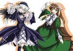  brown_hair cross-laced_clothes dress frilled_sleeves frills green_dress green_eyes hairband head_scarf heterochromia limit_break lolita_hairband long_hair long_sleeves multiple_girls pink_eyes pose red_eyes rozen_maiden silver_hair simple_background suigintou suiseiseki very_long_hair white_background 