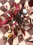  absurdres bad_id bad_pixiv_id black_legwear bow candy cape charlotte_(madoka_magica) checkerboard_cookie checkered checkered_floor cookie dj.adonis doughnut drill_hair food fork highres ice_cream mahou_shoujo_madoka_magica midriff navel personification pie pink_eyes pink_hair popsicle shorts solo suspenders sweets teapot thighhighs twin_drills twintails wafer_stick 
