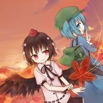  amakaze_sora aqua_eyes aqua_hair backpack bad_id bad_pixiv_id bag black_hair cloud hair_bobbles hair_ornament hair_ribbon hat kawashiro_nitori leaf lowres maple_leaf mountain multiple_girls red_eyes ribbon shameimaru_aya sunset tokin_hat touhou wings 