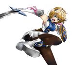  armor armored_dress ascot bare_shoulders blonde_hair blush boots breasts brown_legwear cassandra_alexandra elbow_gloves gloves green_eyes kicking medium_breasts necktie pantyhose pink_neckwear short_hair solo soulcalibur suga_leon sword weapon white_background 