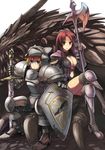  1girl absurdres armor blonde_hair blood blue_eyes breasts brown_eyes cleavage corpse dragon fantasy full_armor halberd highres knight large_breasts long_hair original pauldrons planted_sword planted_weapon polearm poleaxe red_hair shield short_hair sitting sword weapon yuugiri 