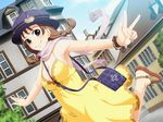  bag benimura_karu between_breasts bracelet braid breasts brown_hair daisounan dress game_cg hat jewelry ooe_mifuyu outstretched_arms scarf shoulder_bag smile solo strap_cleavage twin_braids v yellow_dress 