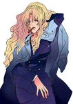  arm_up balalaika black_lagoon blonde breasts cigar coat endou_minari jacket large_breasts long_hair mouth_hold oppai scar suit 