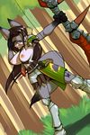  archer armor arrow bow_(weapon) breasts clothed clothing female forest half-dressed half_nude hunter huntress monster_hunter nipples ranged_weapon smirk solo thefuckingdevil topless tree video_games weapon wood 