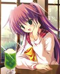  black_eyes blush drink happy long_hair misakura_nankotsu open_mouth pink_hair school_uniform table tagme tree window 