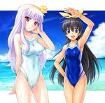  :d animal arm_up armpits beach bird black_hair blue_eyes bow breasts cameltoe caustics cloud competition_swimsuit covered_navel covered_nipples day ganaha_hibiki hair_bow hairband head_tilt hidebou idolmaster idolmaster_(classic) idolmaster_1 lavender_hair long_hair looking_at_viewer medium_breasts multiple_girls ocean one-piece_swimsuit open_mouth outdoors ponytail purple_eyes shijou_takane shiny shiny_hair shiny_skin sky small_breasts smile swimsuit water wet 