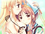  2girls blonde_hair blush breasts brown_eyes brown_hair earrings female jewelry multiple_girls nina_lindberg red_eyes shelley_maycraft shukufuku_no_campanella smile undressing yuri 