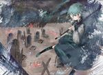  blush daruia_(sabitare) dress graveyard green_eyes green_hair heterochromia highres red_eyes short_hair solo tatara_kogasa tombstone tongue touhou umbrella 